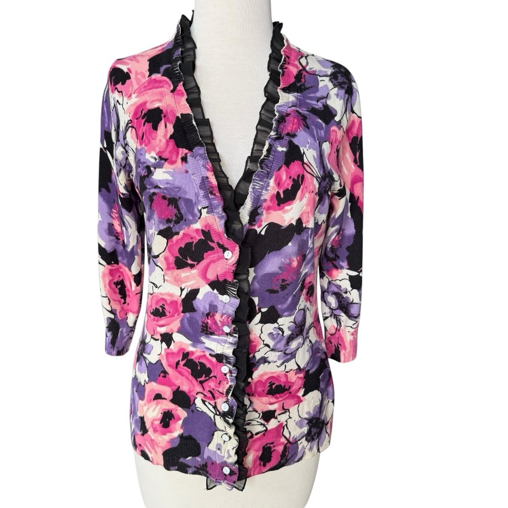 Sara Spencer Pink Purple Floral Black Ruffle Seam Trim Cardigan Women's Medium